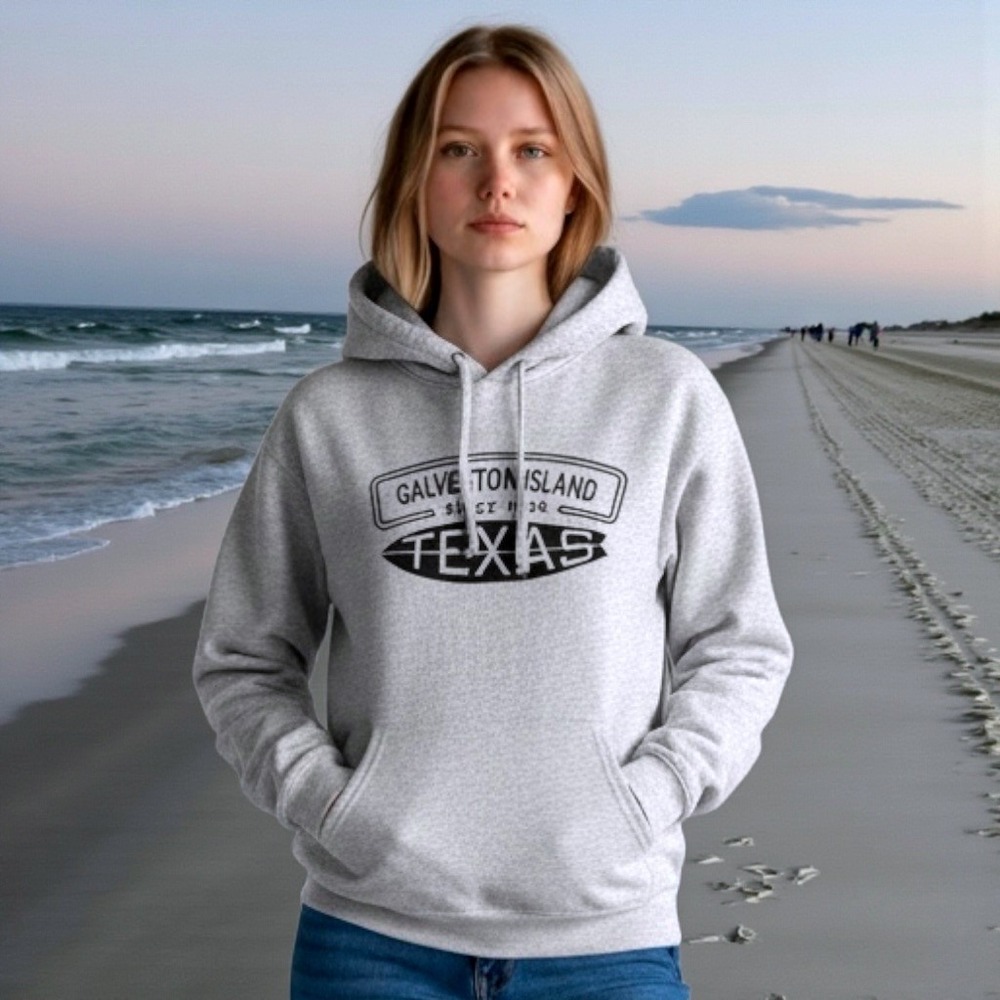 Shark‎ Tee Galveston Island Texas Hoodie Gray Surf Graphic Sweatshirt Large
